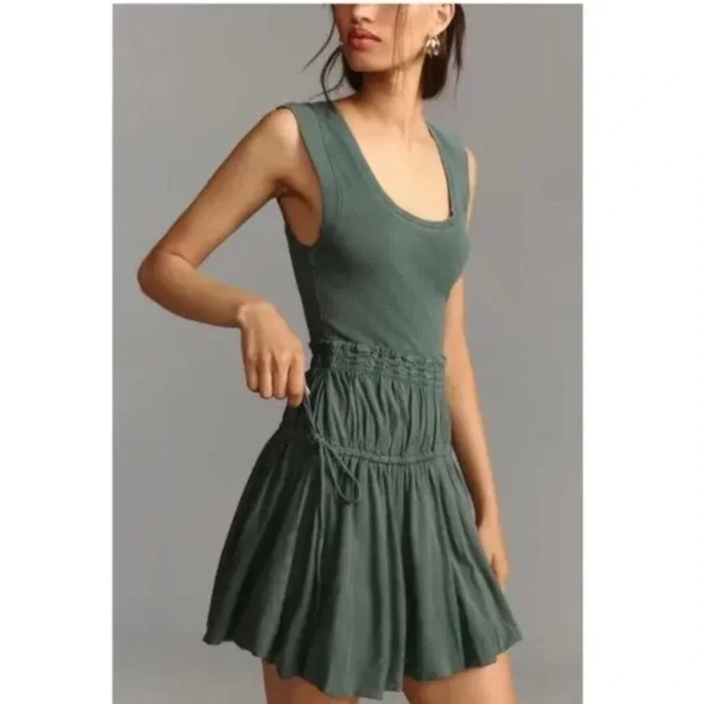 DAILY PRACTICE ANTHROPOLOGIE Dark Green Bubble Hem Tank Dress M‎